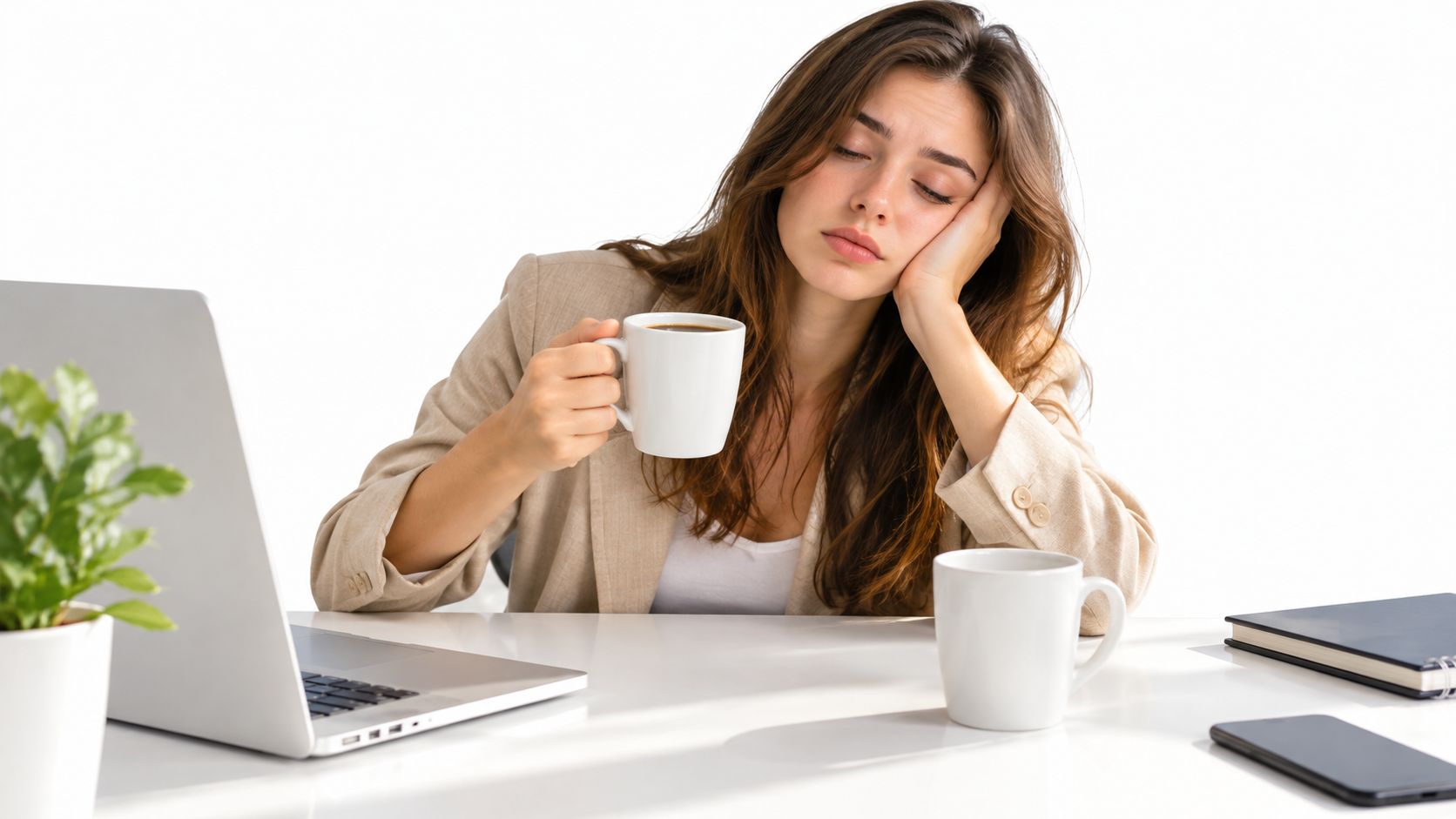 A tired woman in a beige blazer leaning on her hand while holding a cup of coffee.