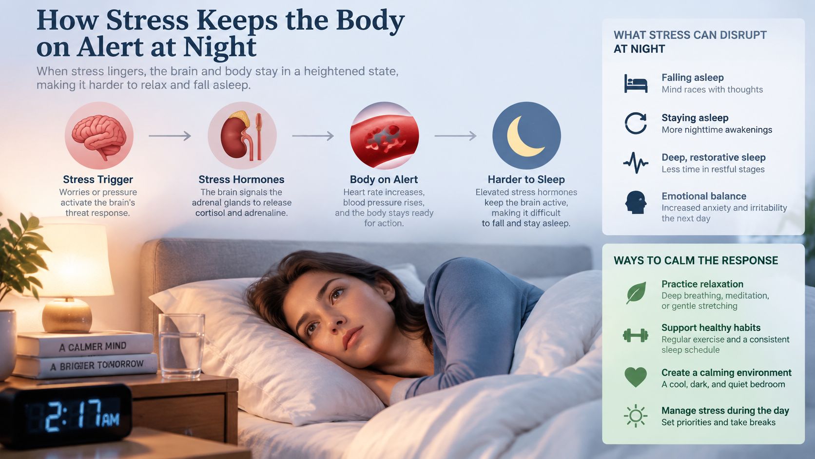 An infographic showing how stress triggers bodily responses that make falling and staying asleep difficult at night.