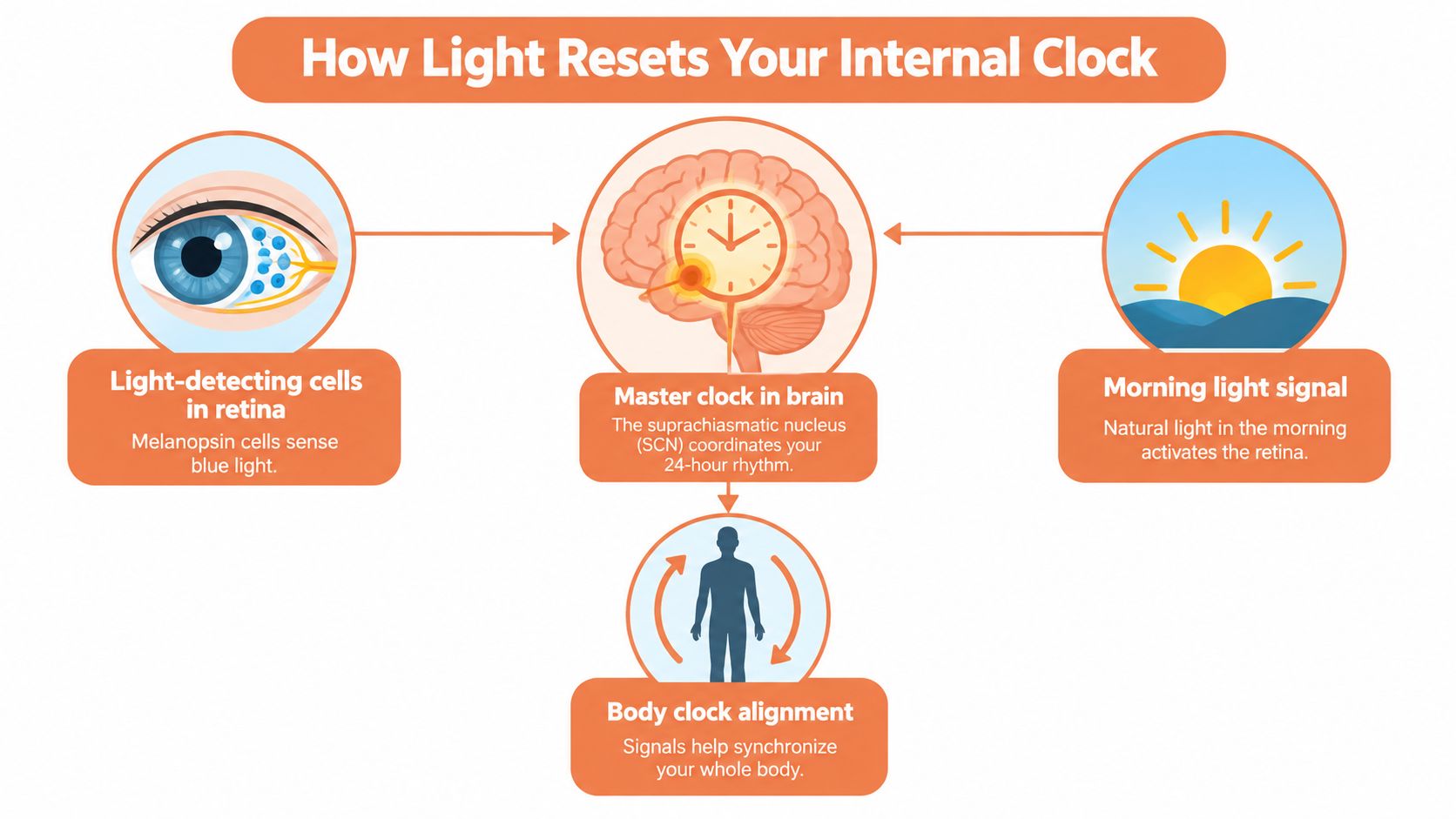 An infographic showing how morning light hits the retina and resets the brain's internal circadian clock.