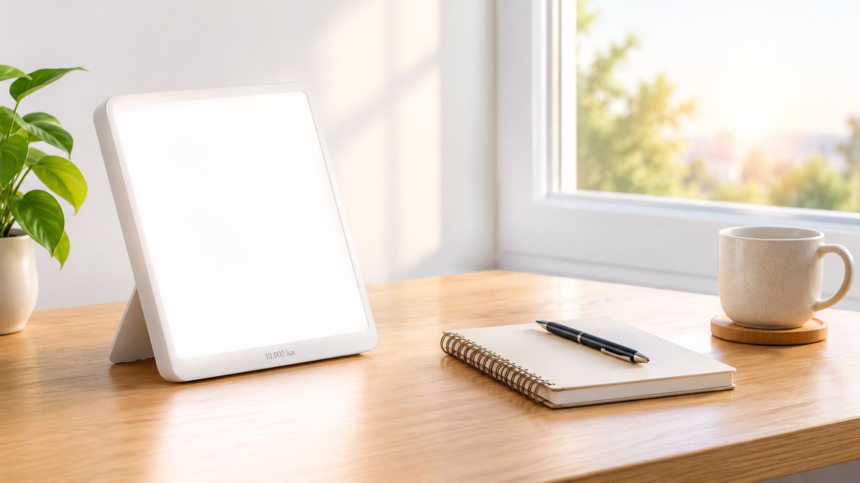 A modern white light therapy box sits on a wooden desk next to a notebook and mug.