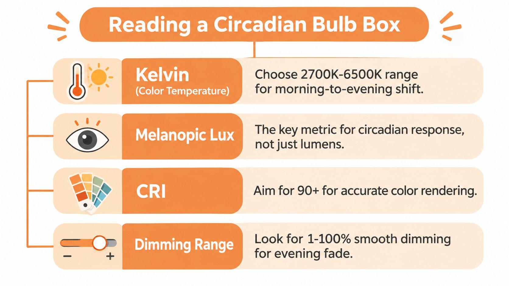 An infographic titled Reading a Circadian Bulb Box, showing four key metrics for selecting lighting for circadian health.