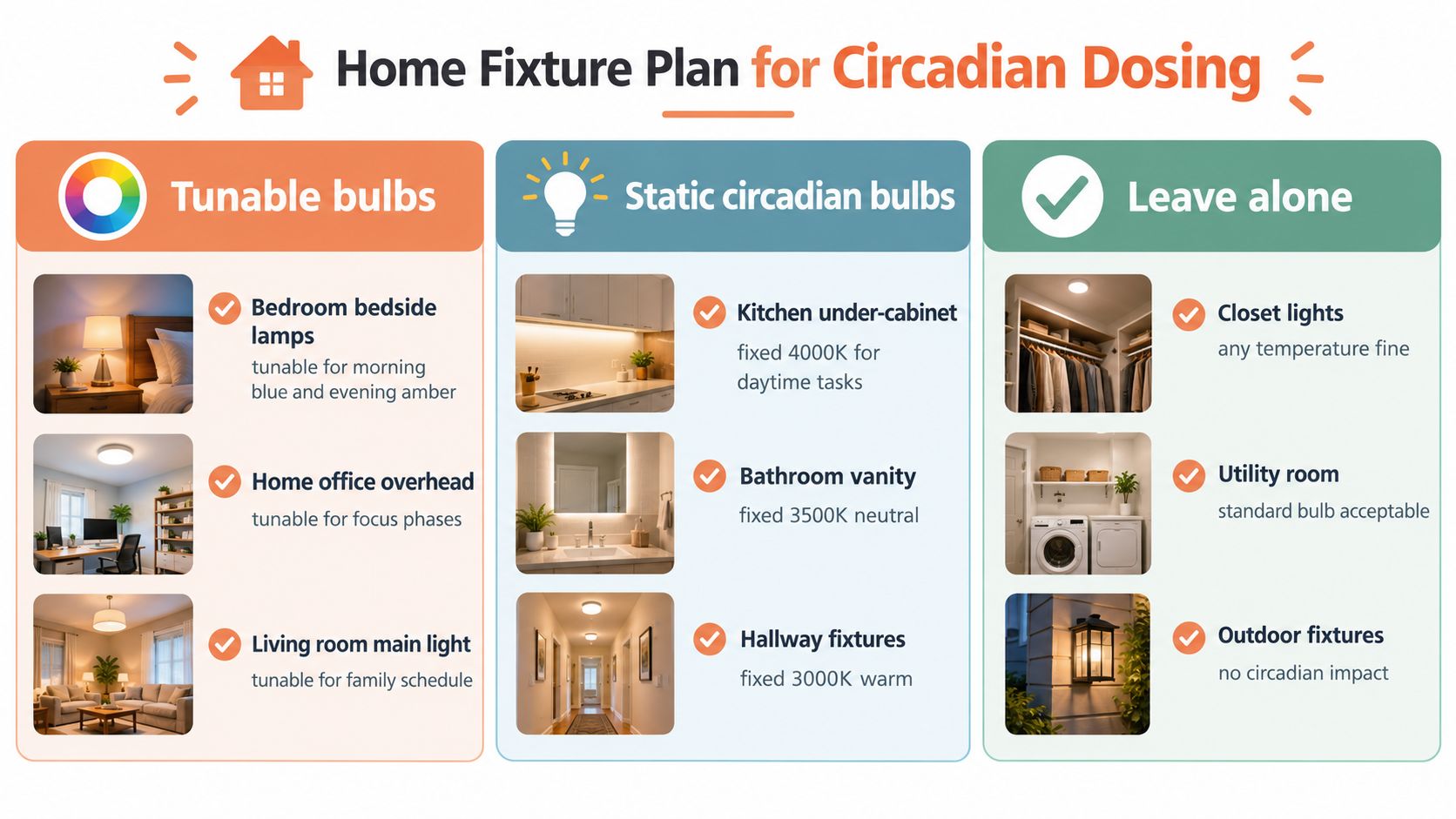 An infographic titled Home Fixture Plan for Circadian Dosing outlining lighting recommendations for different home areas.