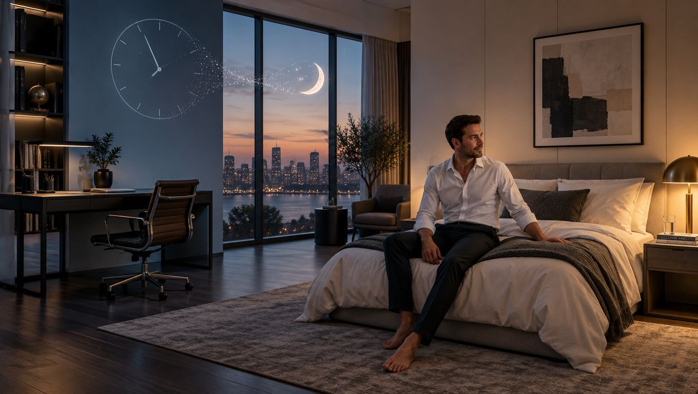 A man sits on a bed in a modern bedroom looking at a dreamy moon and clock projection.