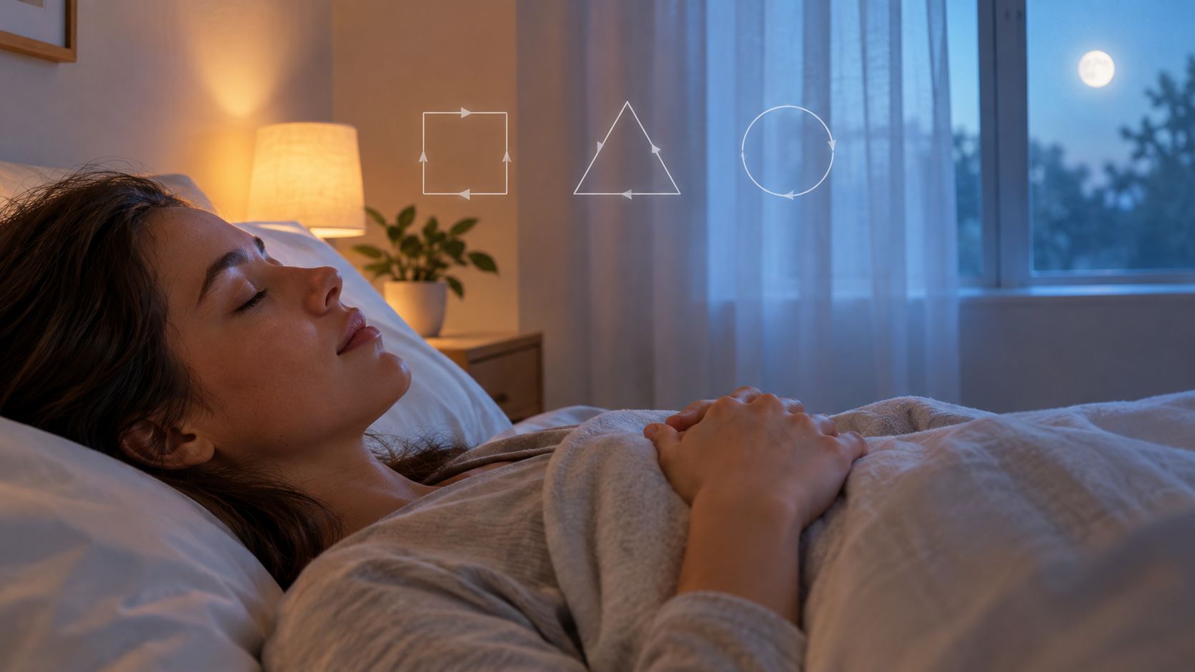 A woman sleeping peacefully in her bed at night with glowing geometric shapes floating above her.