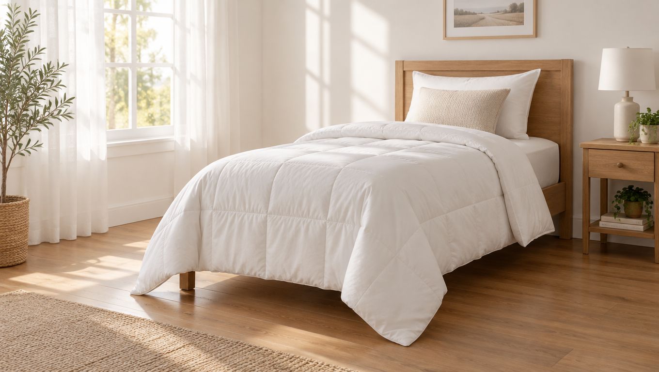A cozy twin bed with a white comforter and wooden headboard in a bright, sunlit bedroom.