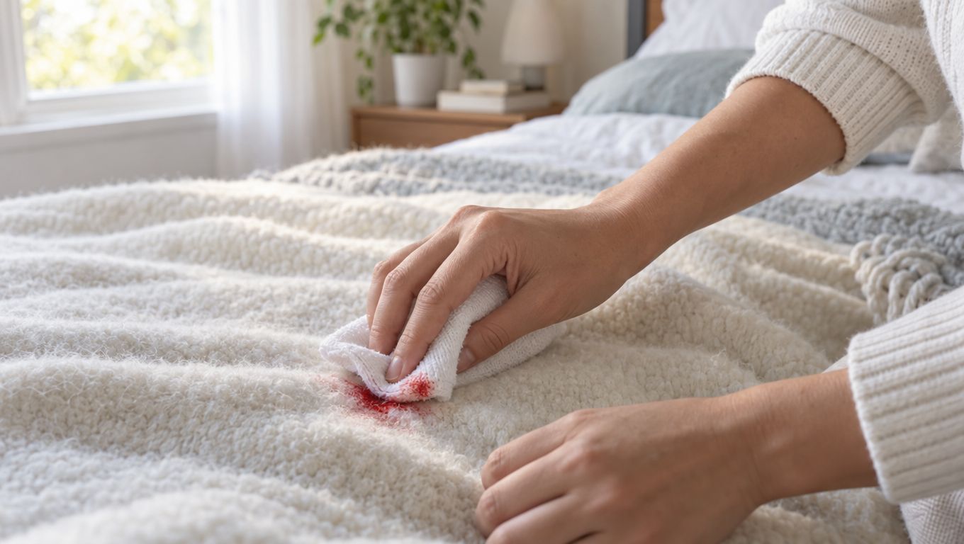 A person cleaning a red blood stain from a white textured blanket with a small white cloth.