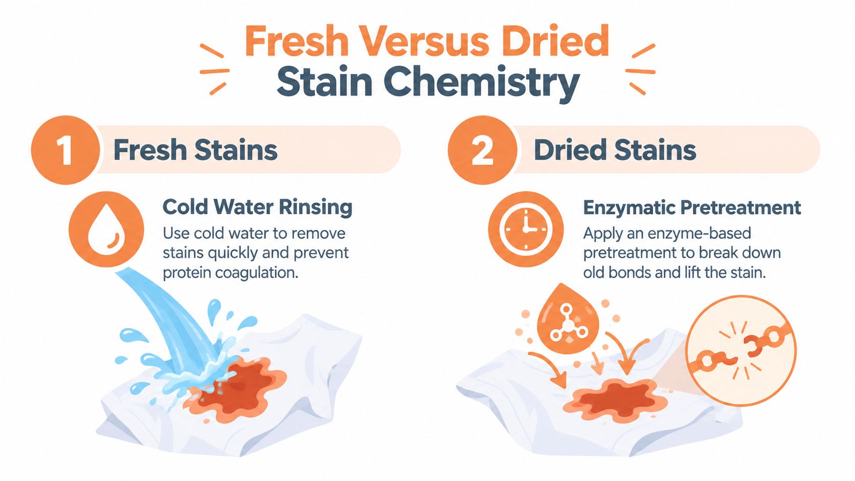 An infographic showing the chemical differences and cleaning methods for fresh versus dried fabric stains.