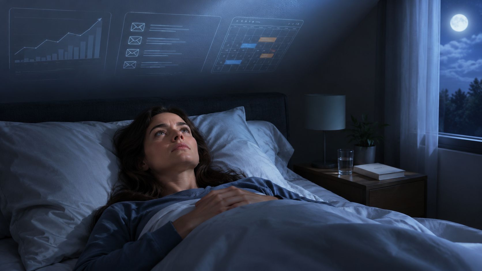 A woman lying in bed at night, stressed with holographic work projections of charts and schedules.