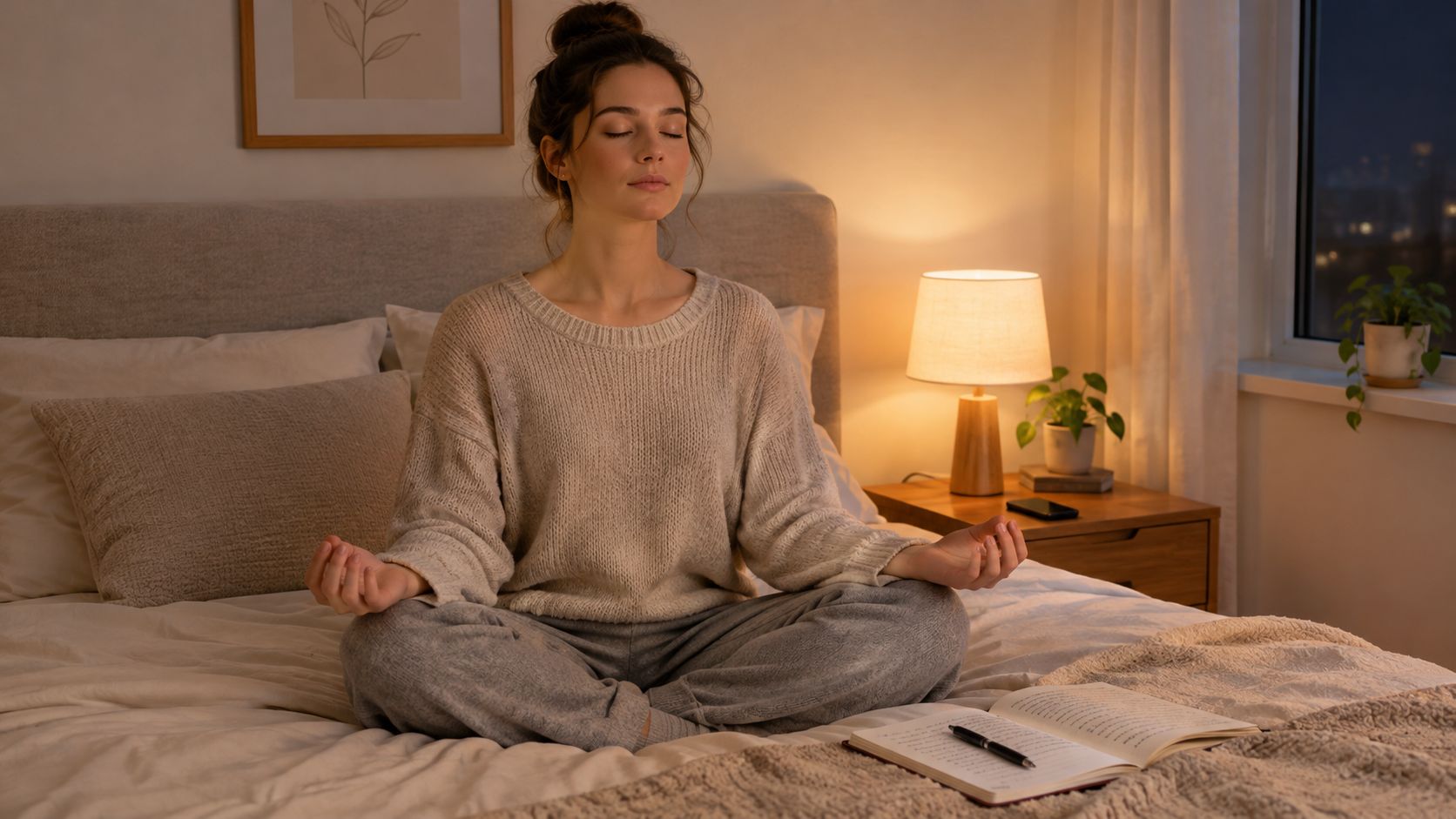 A woman with her eyes closed meditating in bed at night to relieve stress and overthinking.