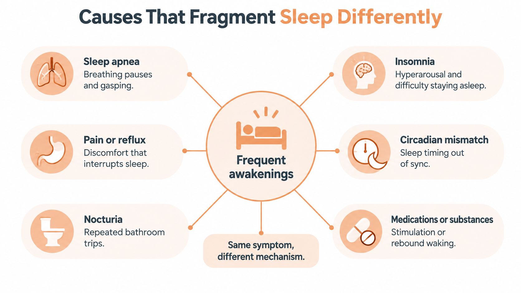 A diagram illustrating various common medical causes of sleep fragmentation, centering on frequent awakenings.