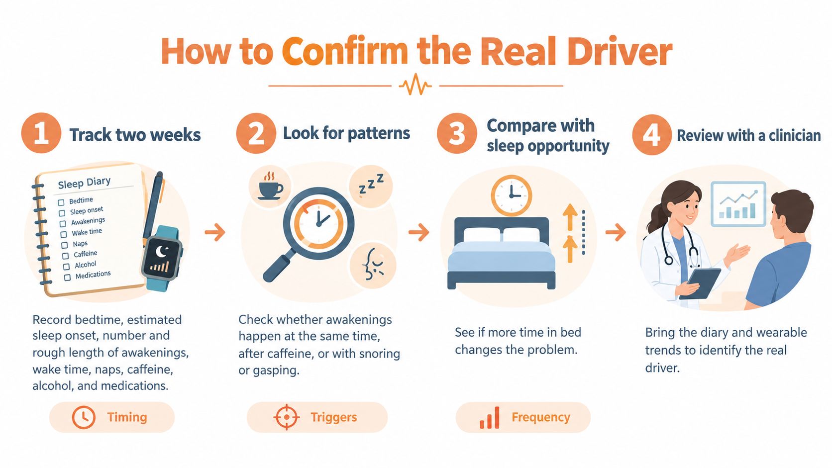 A step-by-step infographic showing how to identify the causes of sleep fragmentation through tracking and consultation.