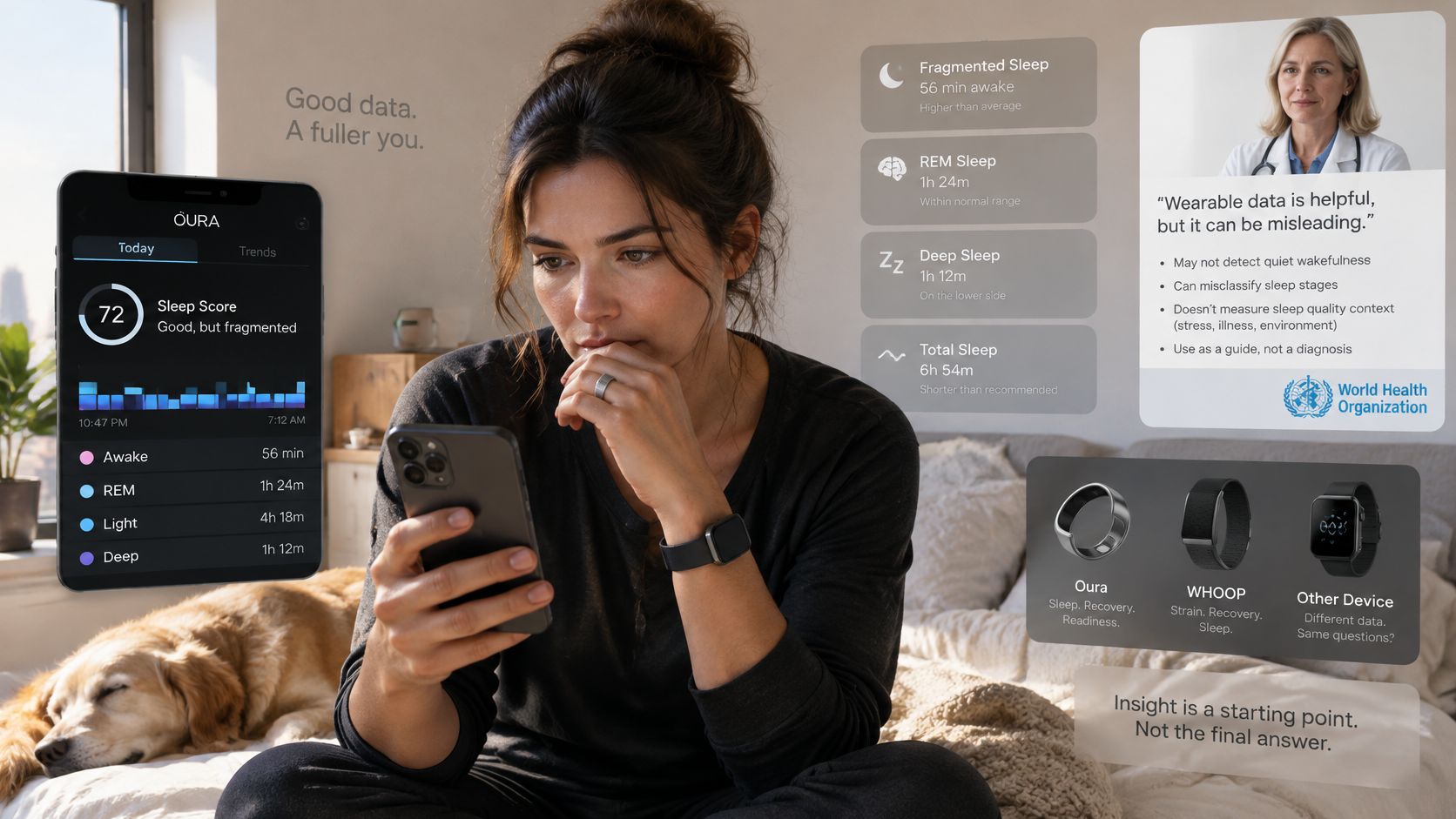 A woman reviewing her Oura ring sleep data on a smartphone with medical guidance on wearable technology.