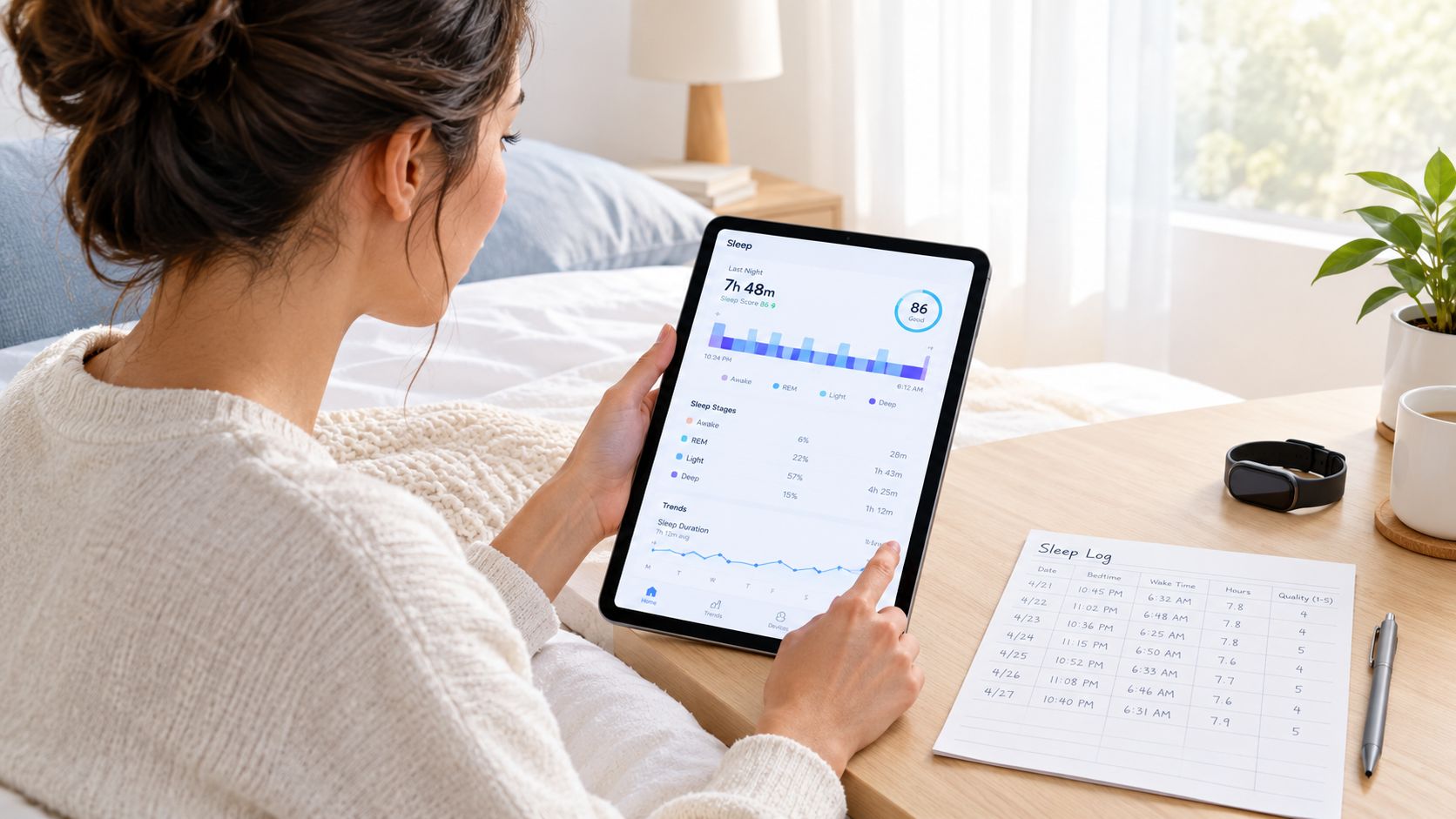 A woman checking her sleep metrics on a tablet while sitting on a bed at home.