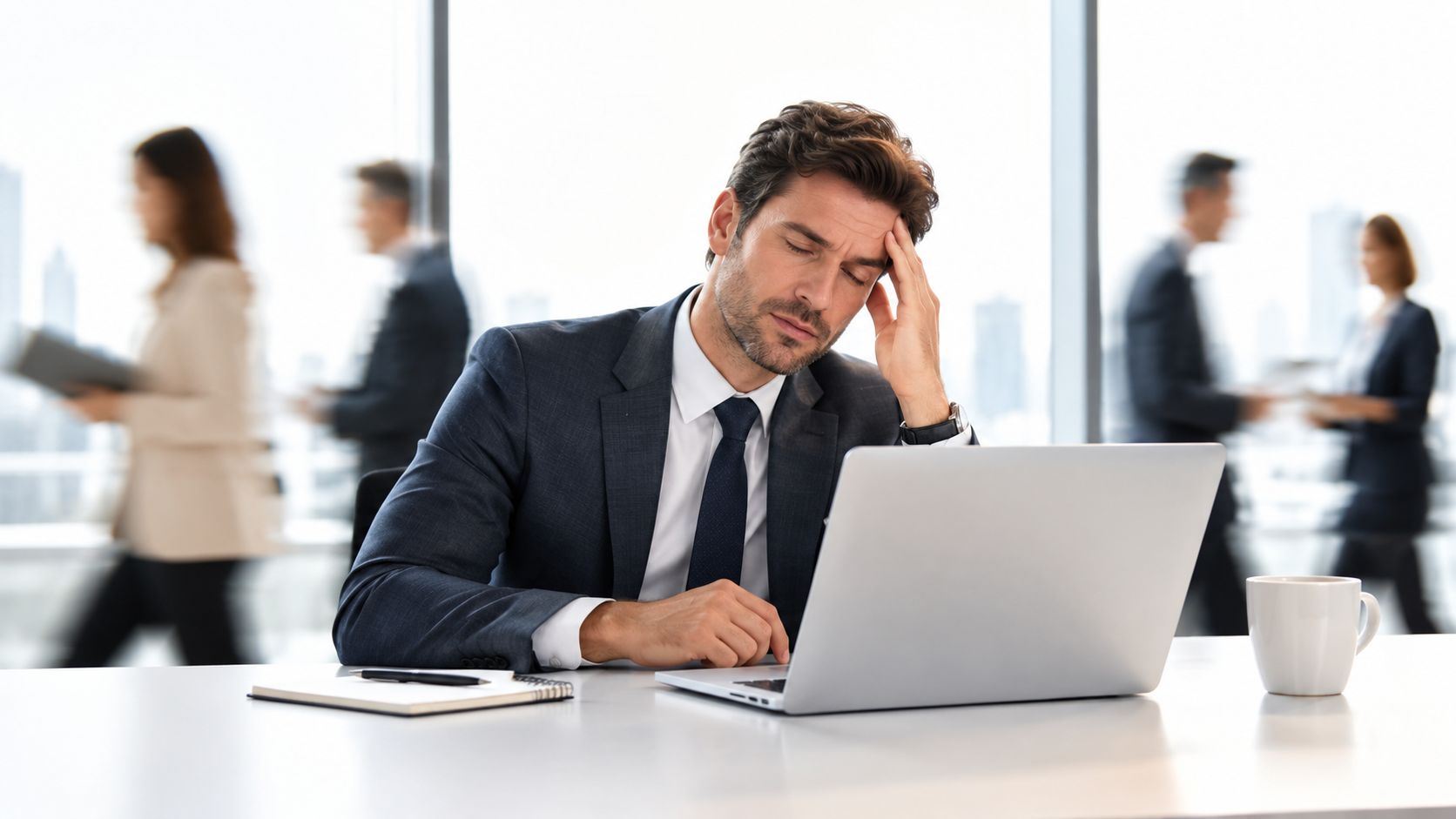 A stressed businessman sitting at an office desk with a laptop, looking tired during a workday.