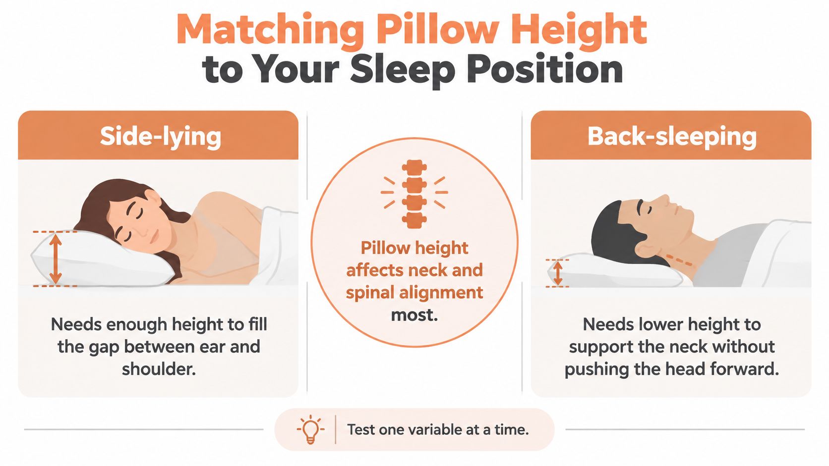 An infographic showing recommended pillow heights for side and back sleeping positions to maintain spinal alignment.