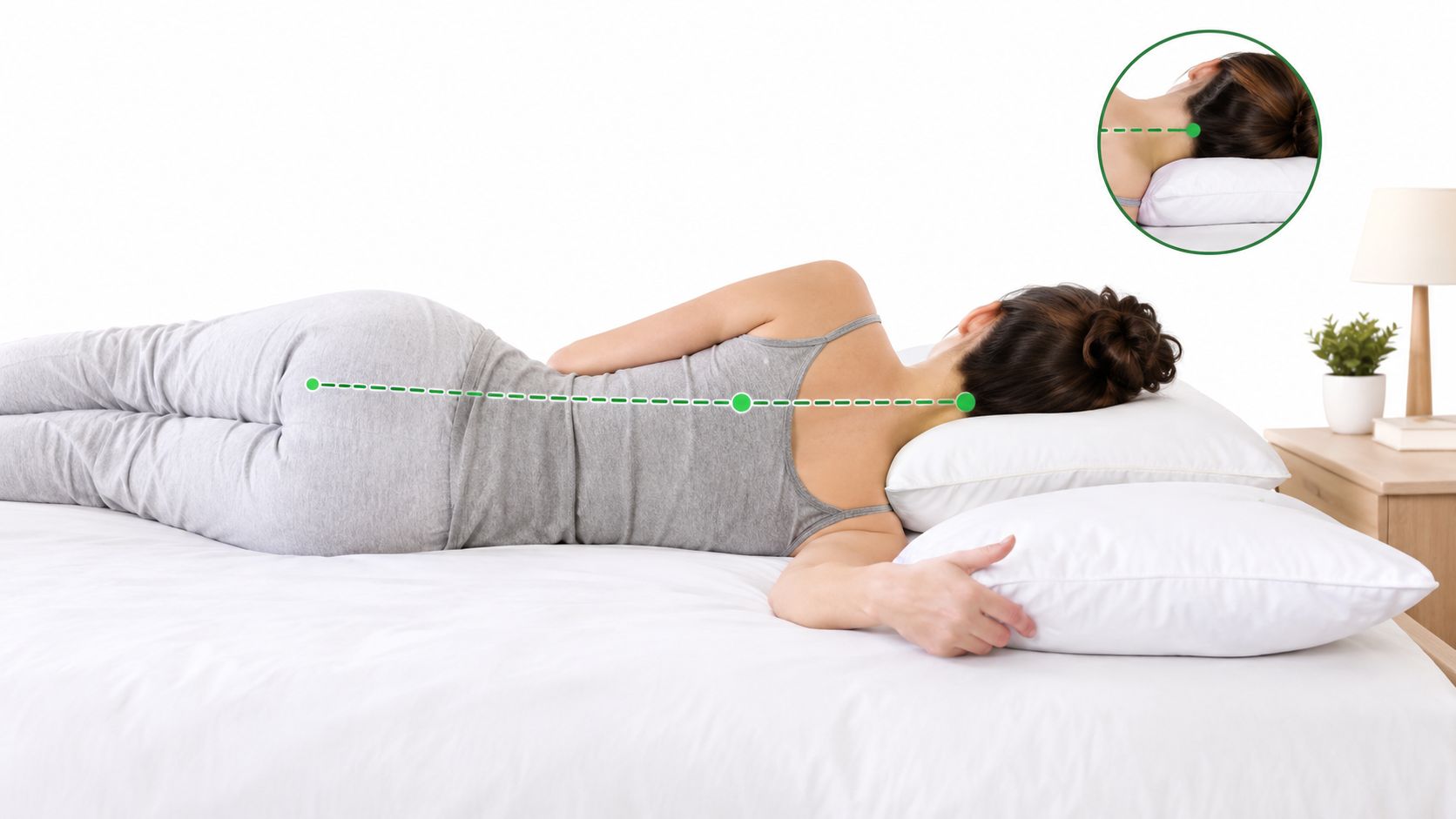 A woman lying on her side on a bed demonstrating proper spinal alignment using ergonomic pillows.