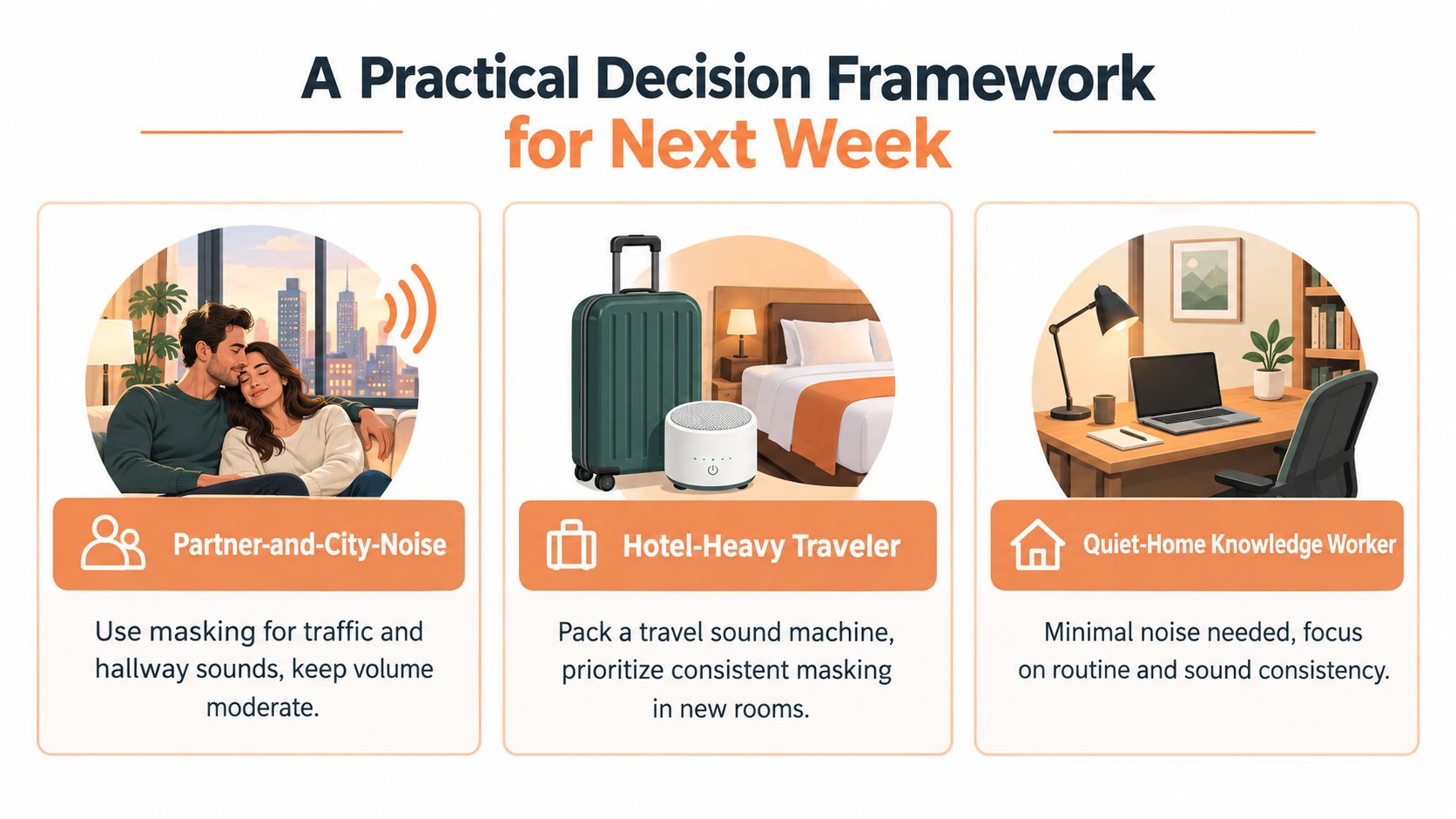 A decision framework infographic displaying three scenarios for using background noise machines for better sleeping conditions.