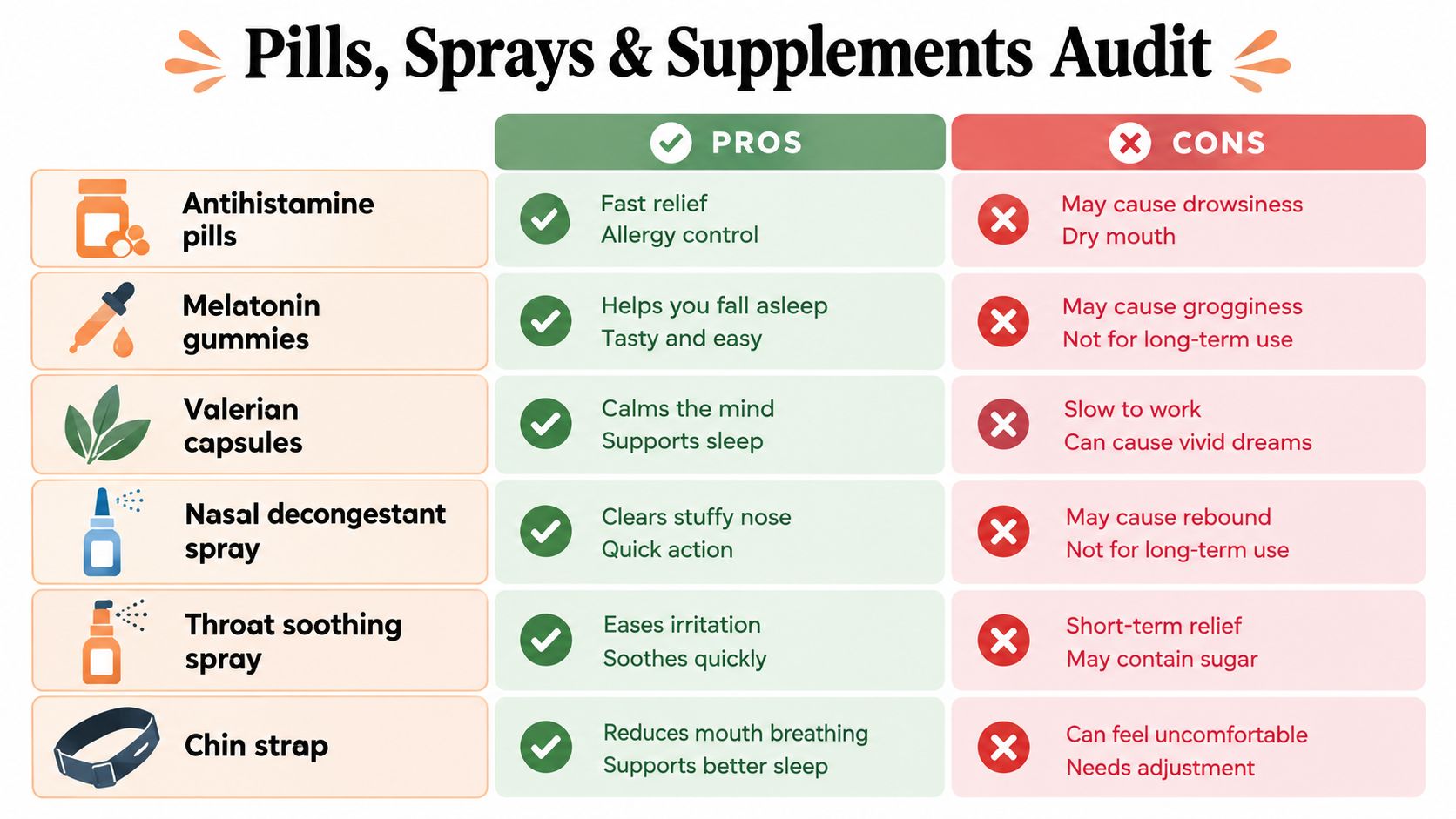 A table comparing the pros and cons of various sleep and health aids including supplements and sprays.