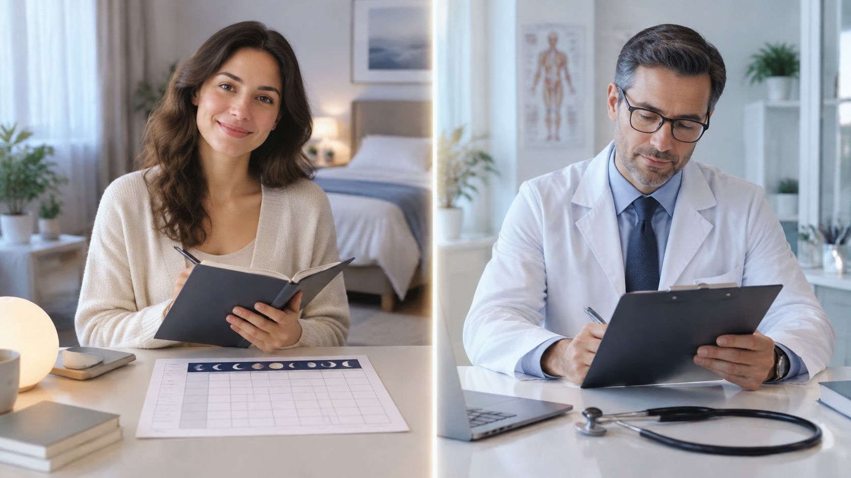 A split image showing a woman writing in a journal and a doctor reviewing medical patient records.