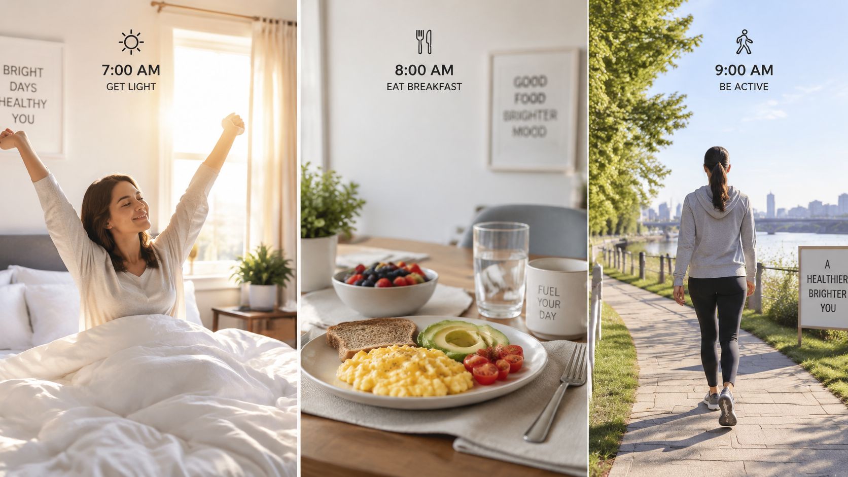 A three-panel split image demonstrating healthy morning habits for maintaining a consistent human circadian rhythm.
