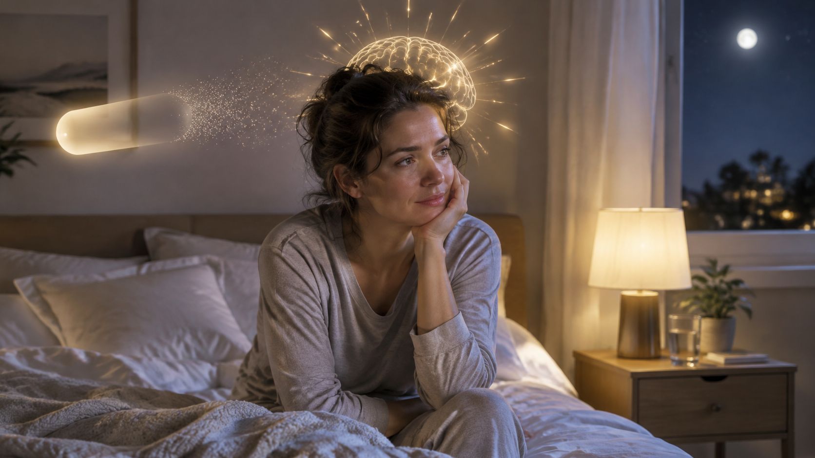 A woman sitting on her bed at night, thinking about sleep medication and insomnia, looking pensive.