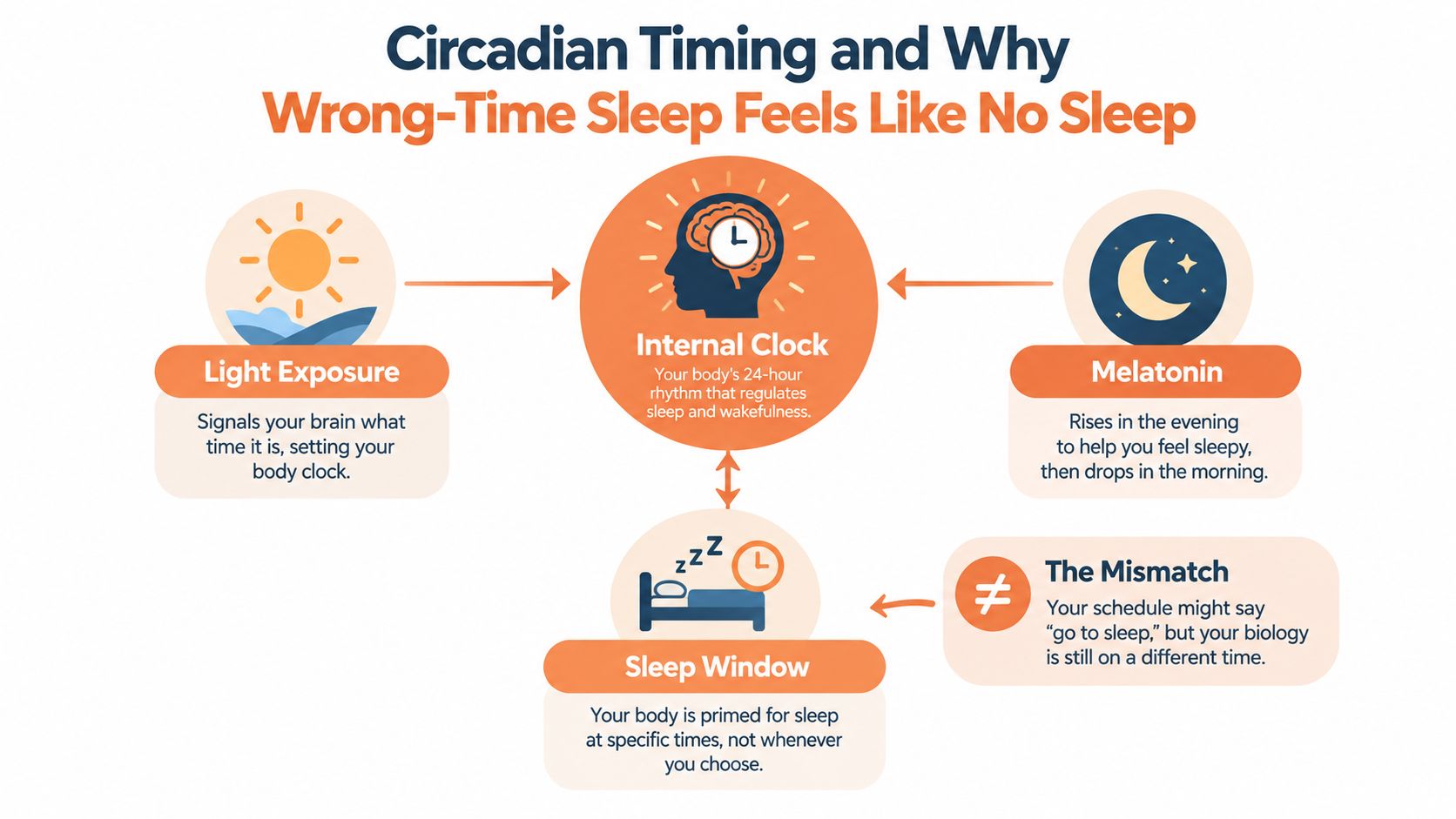 A diagram explaining circadian timing and why sleeping at the wrong time feels like no sleep.