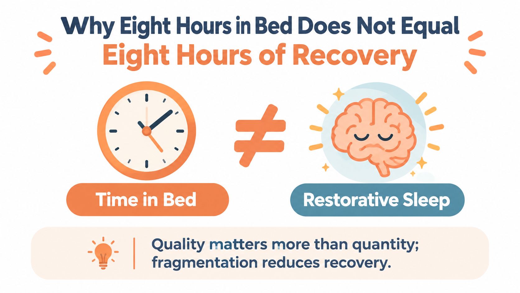 An infographic showing that time in bed does not equal restorative sleep, emphasizing quality over quantity.