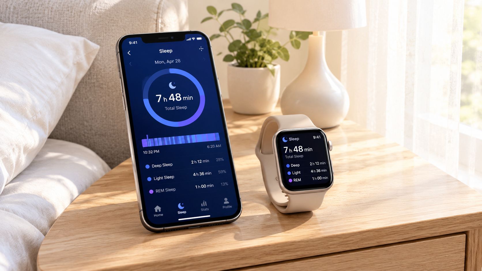 A smartphone and a smartwatch displayed on a bedside table showing sleep tracking data analysis.